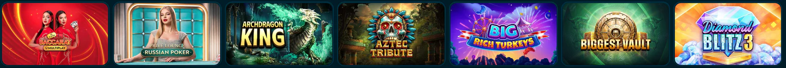 BravoPlay Casino spelaanbod met Baccarat Multiplay, Russian Poker, Archdragon King, Aztec Tribute, Big Rich Turkeys, Biggest Vault en Diamond Blitz 3