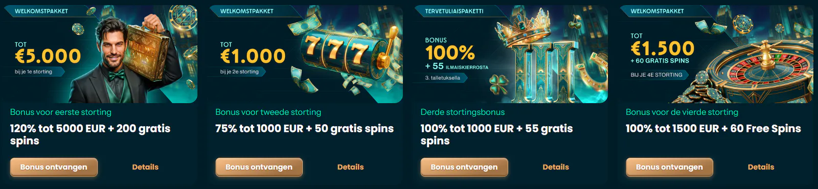 BravoPlay Casino welkomstbonussen voor de eerste vier stortingen met bonuspercentages, bedragen en gratis spins